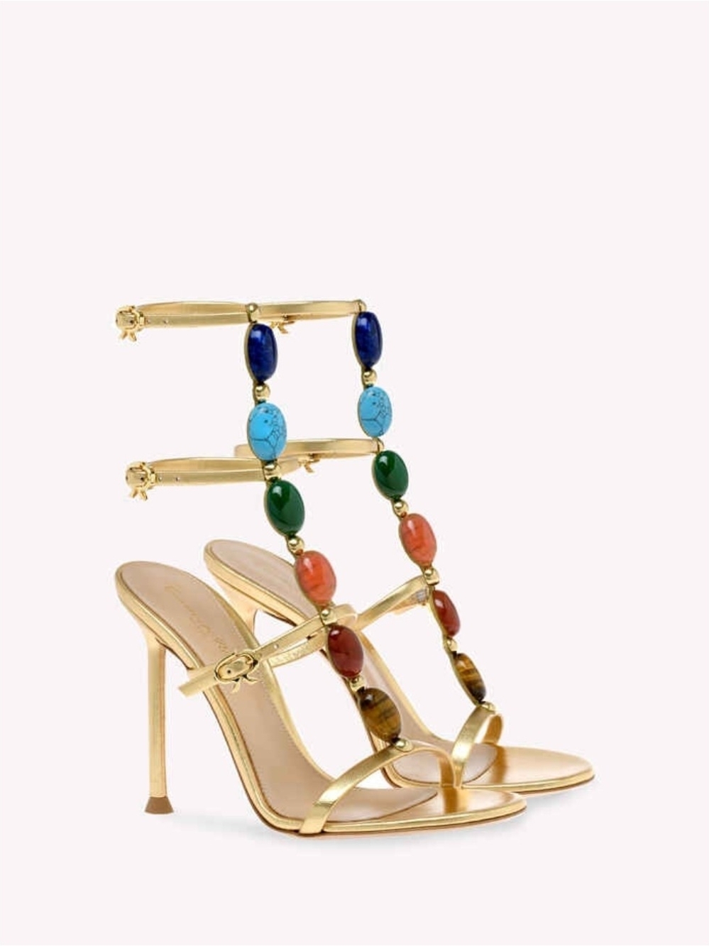 Gianvito Rossi SHANTI Gold Multicolor Gemstone-Strap Stiletto Sandals Size 38½